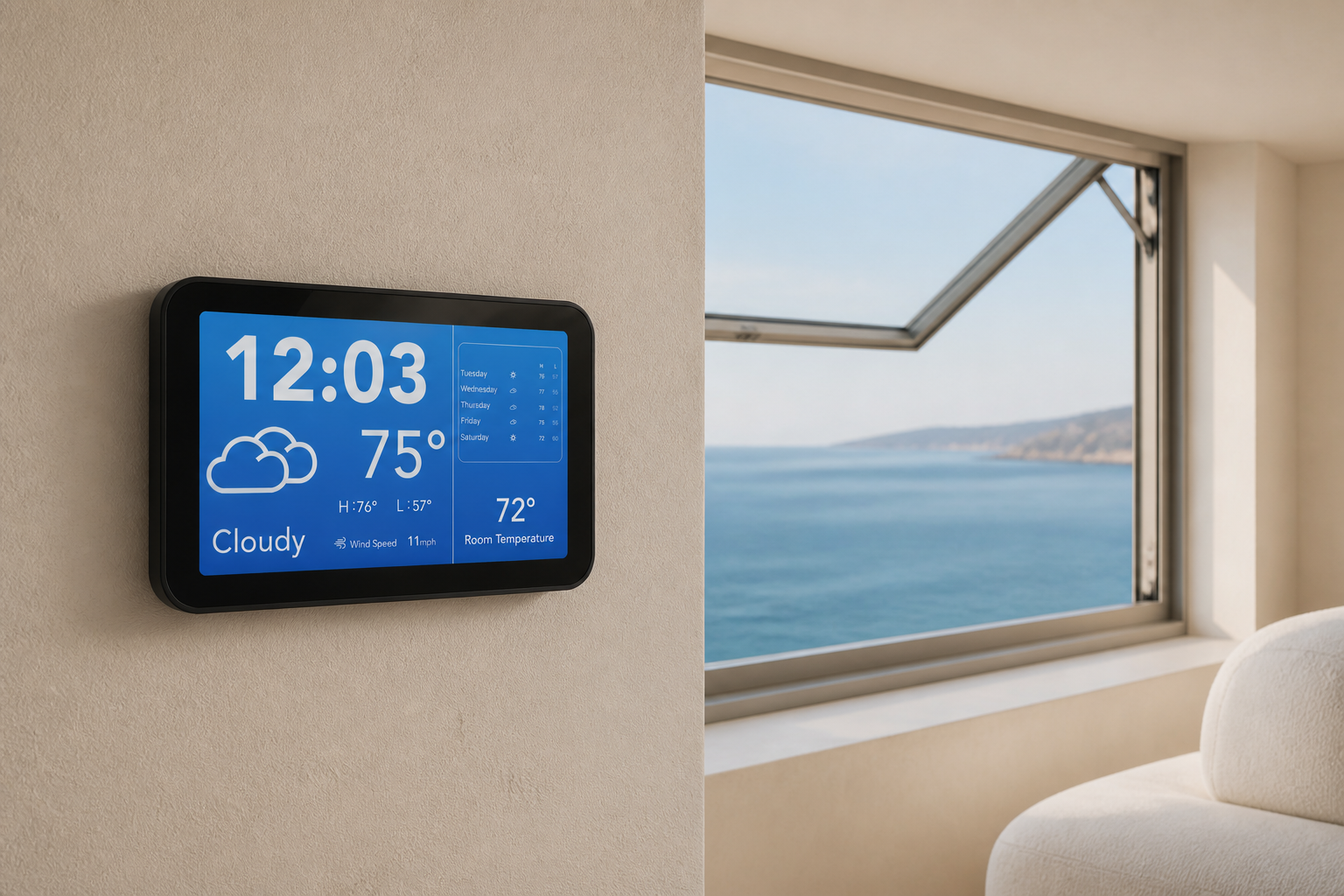SHADE.IT Touch Screen Hub Pro mounted on a wall beside an open awning overlooking the sea